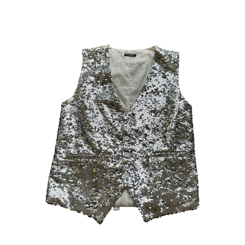Coofandy Mens Silver Sequin Vest Party Disco Stage Waistcoat Size Small